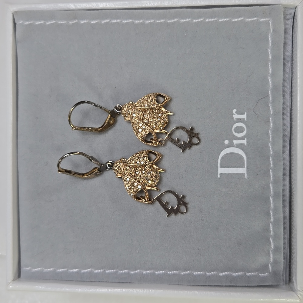 Dior Gold Tone Crystal Bee Logo Dangle Earrings